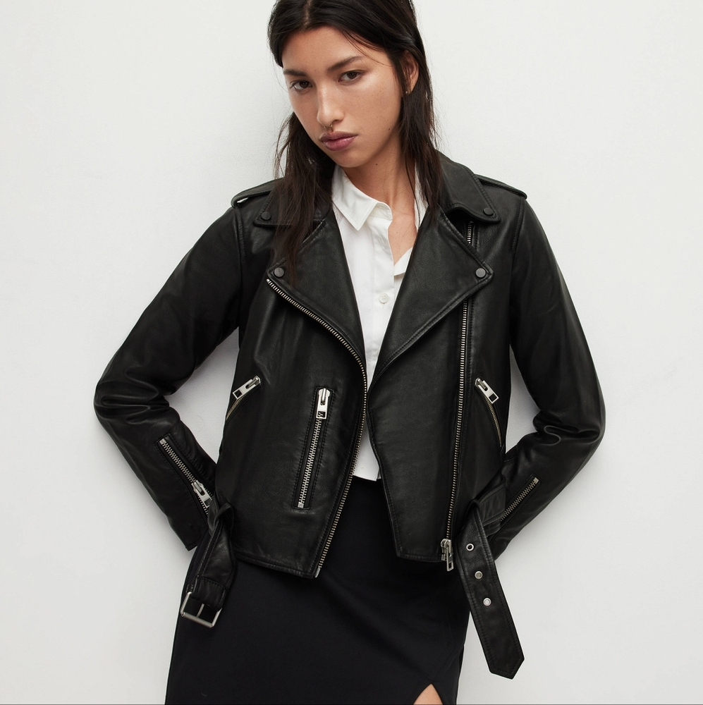 Allsaints Balfern Biker Moto Leather Jacket Black Size 8